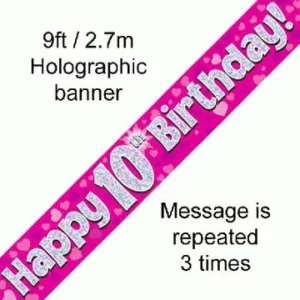 happy 10th birthday foil holographic banner, pink, 9ft