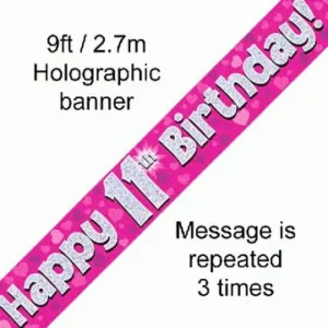happy 11th birthday foil holographic banner, pink, 9ft