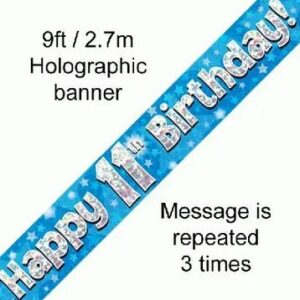 happy 11th birthday foil holographic banner, blue, 9ft
