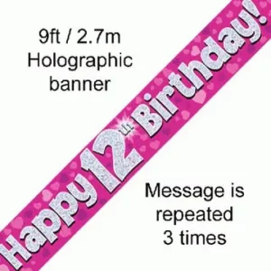 happy 12th birthday foil holographic banner, pink, 9ft