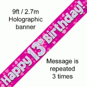 happy 13th birthday foil holographic banner, pink, 9ft