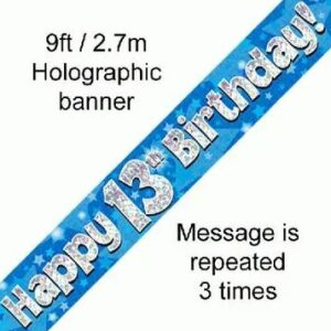 happy 13th birthday foil holographic banner, blue, 9ft