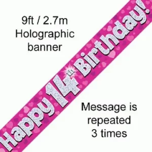 happy 14th birthday foil holographic banner, pink, 9ft
