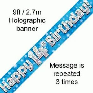 happy 14th birthday foil holographic banner, blue, 9ft