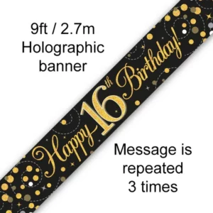 happy 16th birthday foil holographic banner, black & gold, 9ft