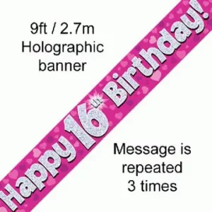 happy 16th birthday foil holographic banner, pink, 9ft
