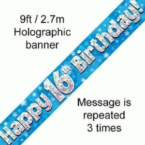 happy 16th birthday foil holographic banner, blue, 9ft