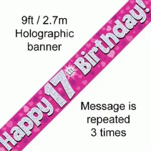 happy 17th birthday foil holographic banner, pink, 9ft