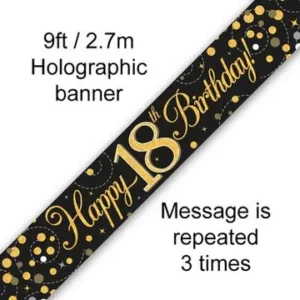 happy 18th birthday foil holographic banner, black & gold, 9ft