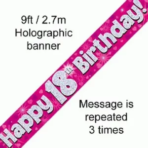 happy 18th birthday foil holographic banner, pink, 9ft