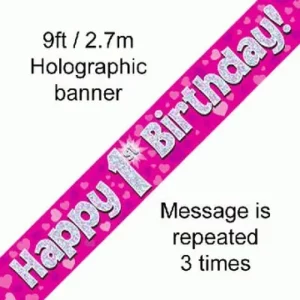 happy 1st birthday foil holographic banner, pink, 9ft