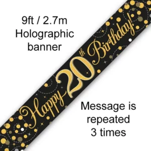 happy 20th birthday foil holographic banner, black & gold, 9ft