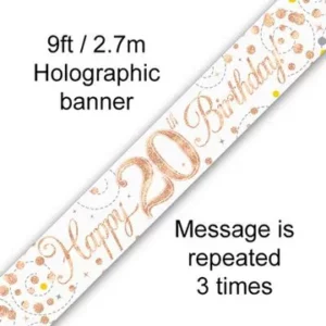 happy 20th birthday foil holographic banner, rose & white gold, 9ft