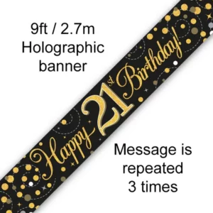 happy 21st birthday foil holographic banner, black & gold, 9ft