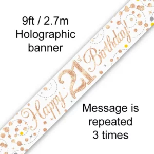 happy 21st birthday foil holographic banner, rose & white gold, 9ft