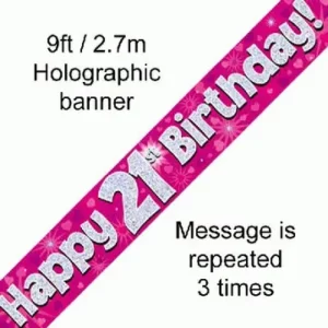 happy 21st birthday foil holographic banner, pink, 9ft