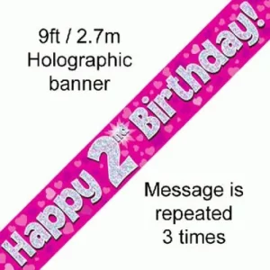happy 2nd birthday foil holographic banner, pink, 9ft