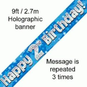 happy 2nd birthday foil holographic banner, blue, 9ft