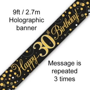 happy 30th birthday foil holographic banner, black & gold, 9ft