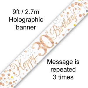 happy 30th birthday foil holographic banner, rose & white gold, 9ft