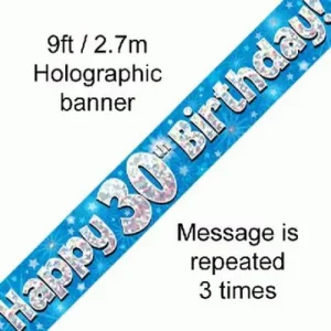 happy 30th birthday foil holographic banner, blue, 9ft