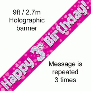 happy 3rd birthday foil holographic banner, pink, 9ft