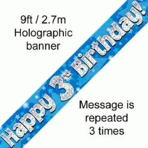 happy 3rd birthday foil holographic banner, blue, 9ft