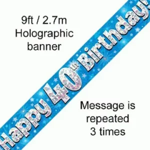 happy 40th birthday foil holographic banner, blue, 9ft