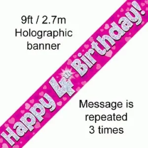 happy 4th birthday foil holographic banner, pink, 9ft