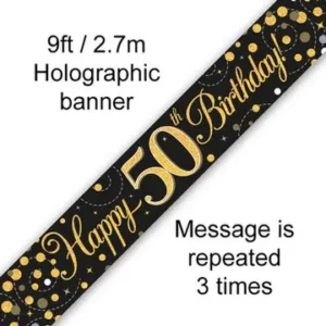 happy 50th birthday foil holographic banner, black & gold, 9ft