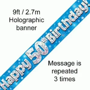 happy 50th birthday foil holographic banner, blue, 9ft