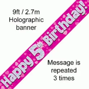 happy 5th birthday foil holographic banner, pink, 9ft