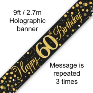 happy 60th birthday foil holographic banner, black & gold, 9ft