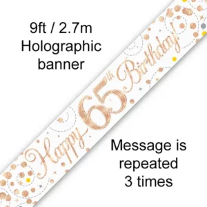 happy 70th birthday foil holographic banner, rose & white gold, 9ft