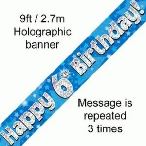 happy 6th birthday foil holographic banner, blue, 9ft