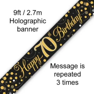happy 70th birthday foil holographic banner, black & gold, 9ft