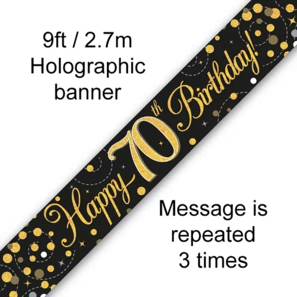 happy 70th birthday foil holographic banner, black & gold, 9ft