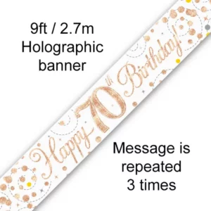 happy 70th birthday foil holographic banner, rose & white gold, 9ft