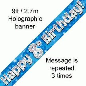 happy 8th birthday foil holographic banner, blue, 9ft