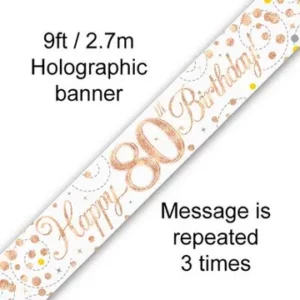 happy 80th birthday foil holographic banner, rose & white gold, 9ft