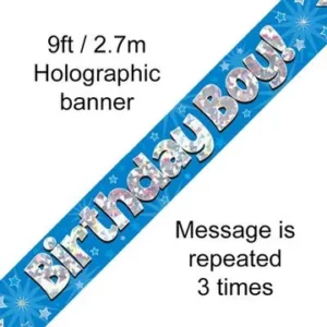 birthday boy foil holographic banner, blue, 9ft