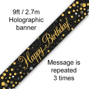 happy birthday foil holographic banner, black & gold, 9ft