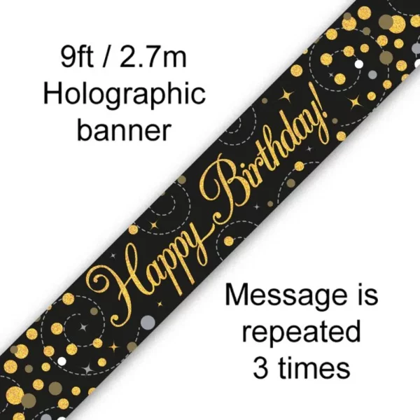 happy birthday foil holographic banner, black & gold, 9ft