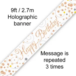 happy birthday foil holographic banner, rose & white gold, 9ft