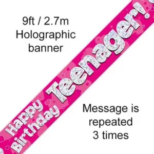 happy birthday teenager foil holographic banner, pink, 9ft