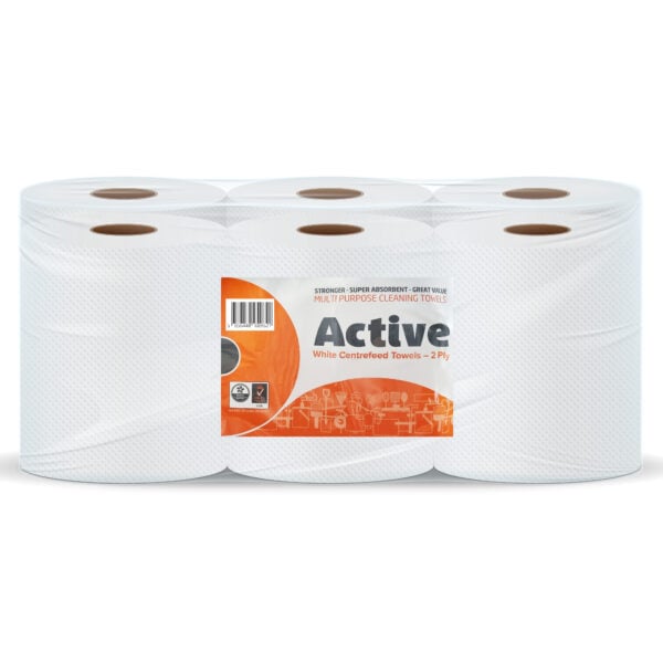 indigo® active white centrefeed roll 2 ply laminated embossed strong wiping tissue cleaning roll home and office 300 sheets per roll, sheet width 166mm 6 rolls