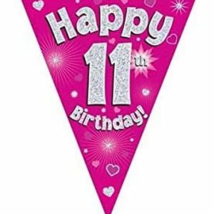 party bunting happy 11th birthday pink holographic 11 flags 3.9m