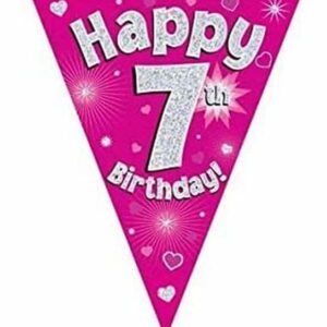 party bunting happy 7th birthday pink holographic 11 flags 3.9m