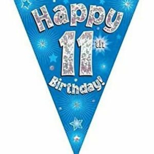 party bunting happy 11th birthday blue holographic 11 flags 3.9m
