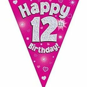 party bunting happy 12th birthday pink holographic 11 flags 3.9m